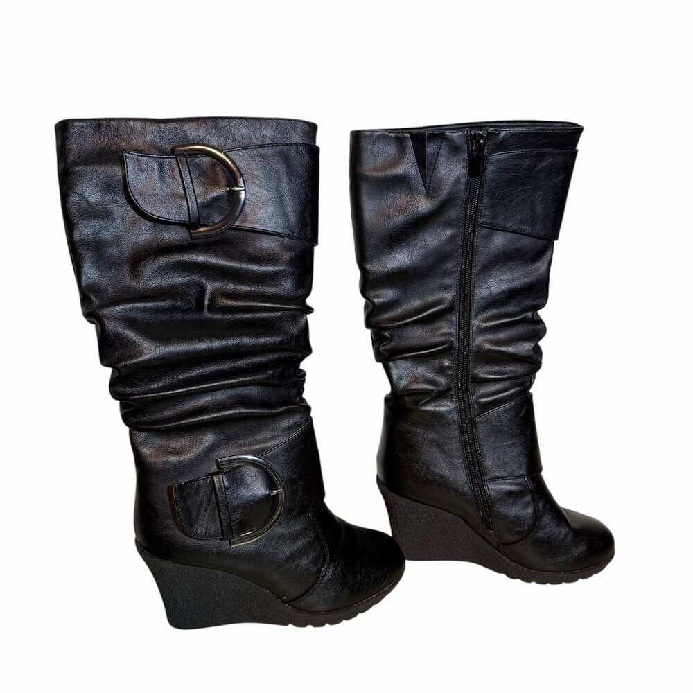 TOP Moda Black Slouchy Wedge Boots with Buckles and Side Zip